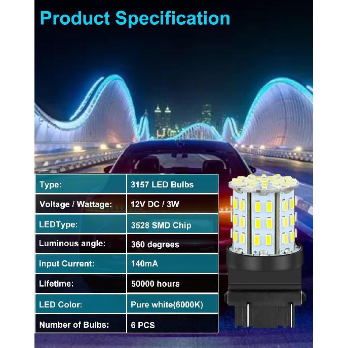 6-Pack 3157 LED Bulbs - Super Bright Backup Reverse Lights, 6000K Xenon White, 12V Compatible with 3156/3056/4157/3057/3047 for Car Tail Brake Turn