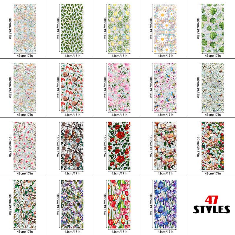 Window Film Static Cling Privacy Protection Stained Glass Film PVC Stained Colorful Plants Flowers Printed Home Decor Stickers