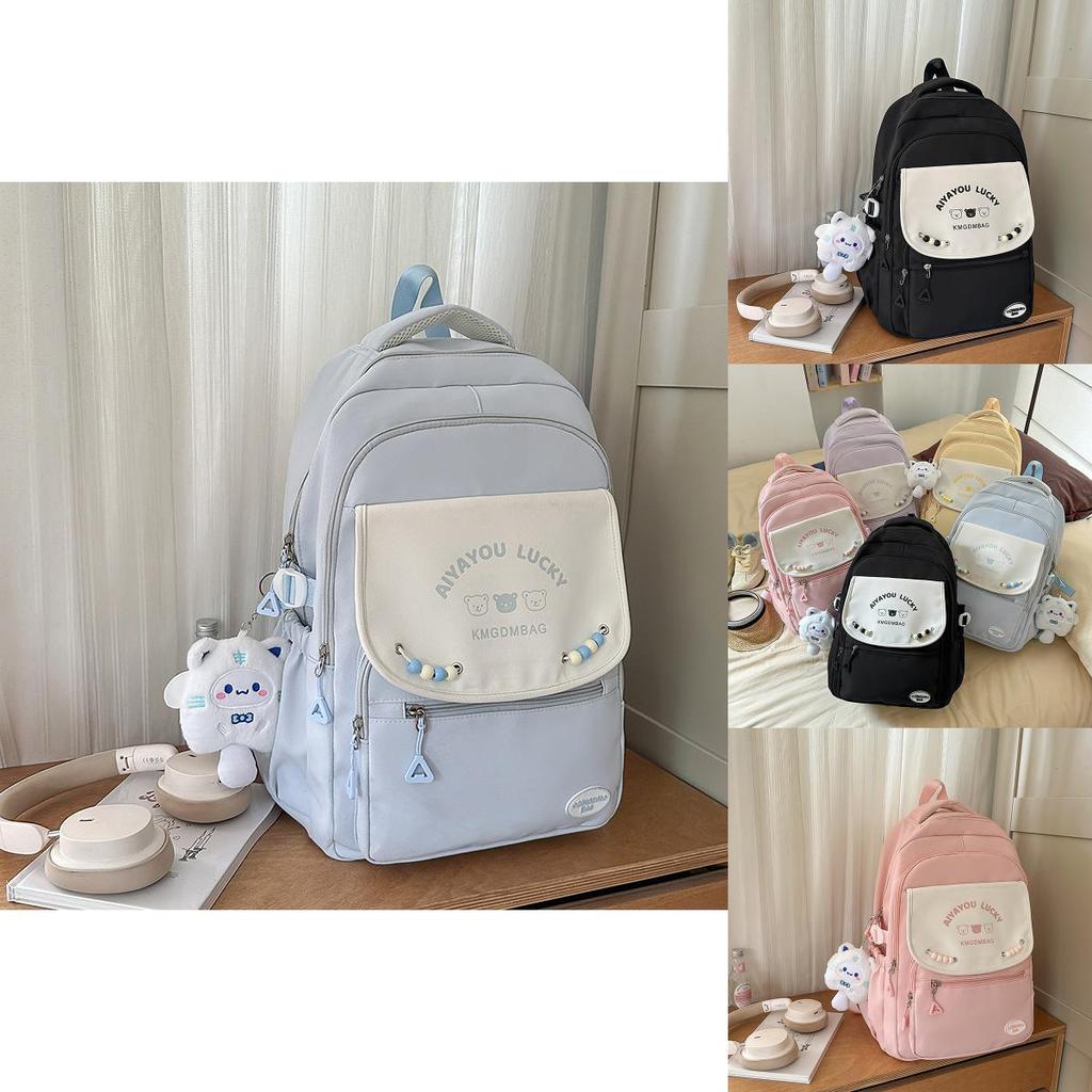 College Student Slim Nylon School Backpack With Letter Bear Print Bead Decoration For Women