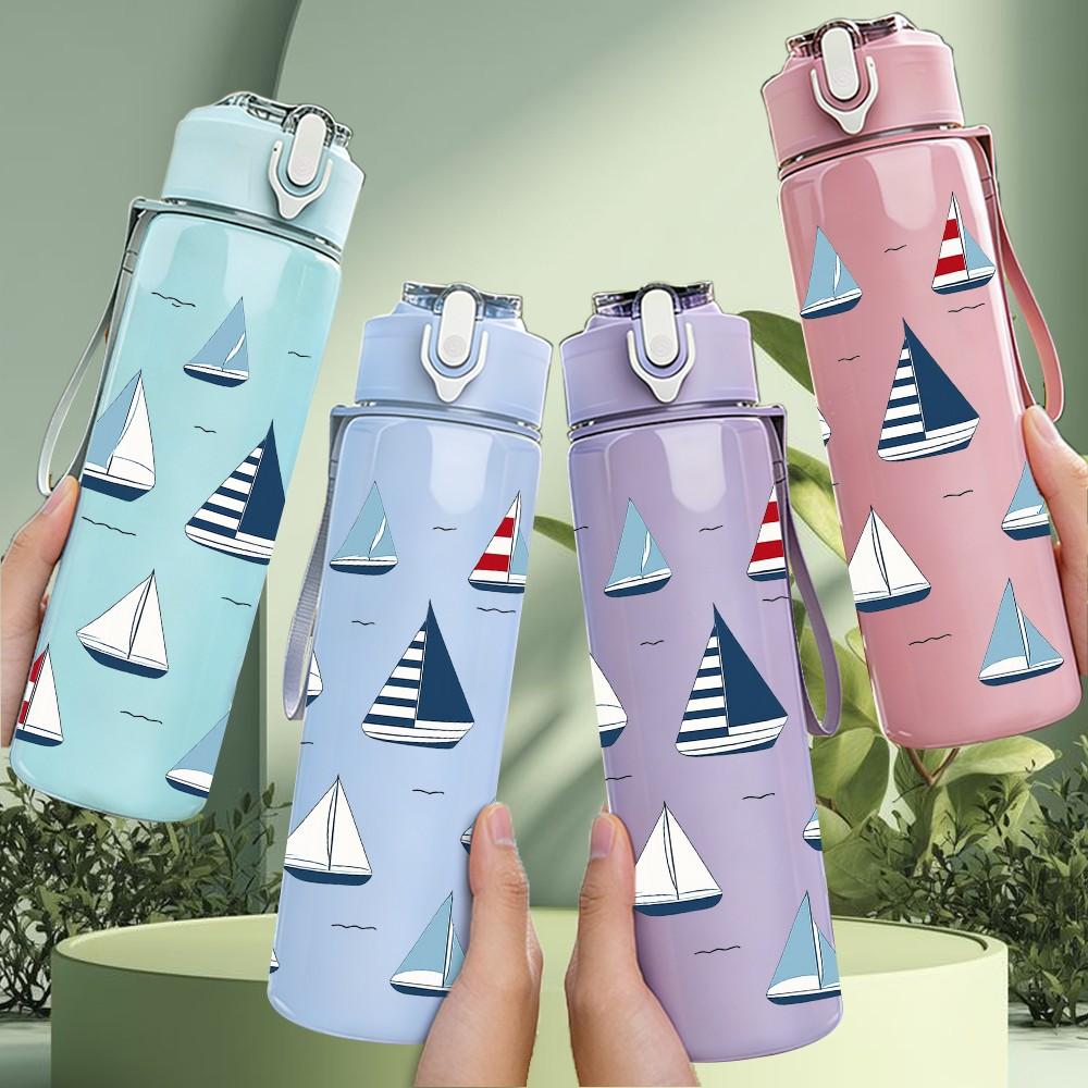 1PC Sailboat Sea Nautical 750ml Color Plastic Sports Water Bottle Leakproof Flip Straw Lid Suitable for Sports Office Home Use
