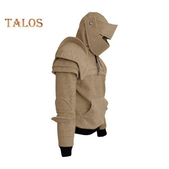 Men Halloween Hoodie with Hood Knight Drawstring Patch Pocket Ruched Elastic Cuff Long Sleeves Warrior Medieval Costume