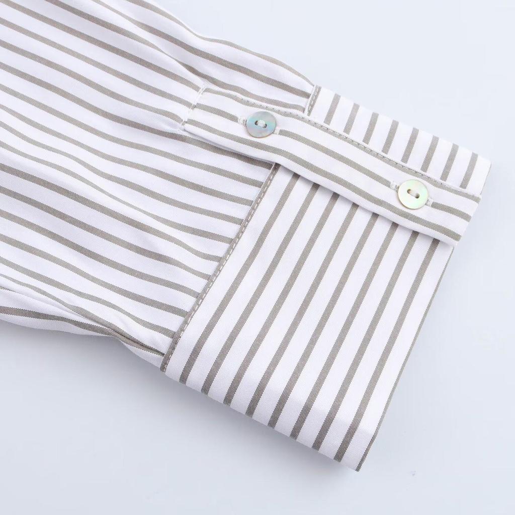 Spring 2025 Women's European & American Style Striped Long Sleeve Casual Shirt with Turn-Down Collar