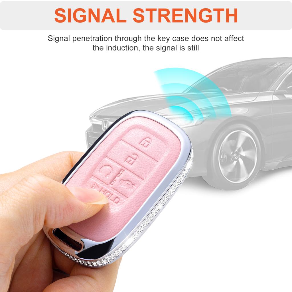 For Honda Key Fob Cover with Keychain, Pink Genuine Leather Crystal Key Case Protection Shell Compatible with 2022 Honda Accord