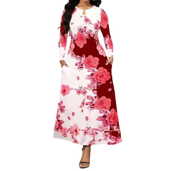 

Женское длинное платье А-силуэта с длинными рукавами и круглым вырезом, с цветочным принтом XL красный