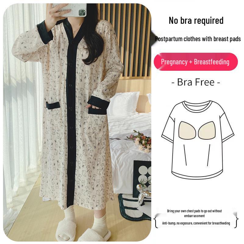 Long Sleeve Maternity Nightgown: Spring & Autumn Breastfeeding Pajamas with Cardigan for Pregnant Women