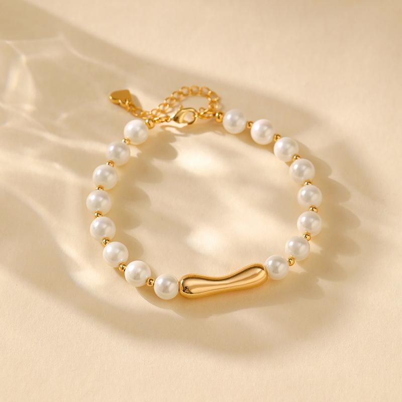 Gold Plated Pearl Bead & Irregular Metal Bar Bracelet With Extension Chain