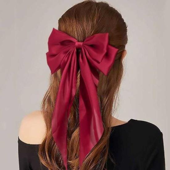 Damen Haarnadel Große Schleife Einfarbig Elegant Doppellagig Lange Haardekoration Pferdeschwanz-Clip Satin Vintage Haarspange Haaraccessoires