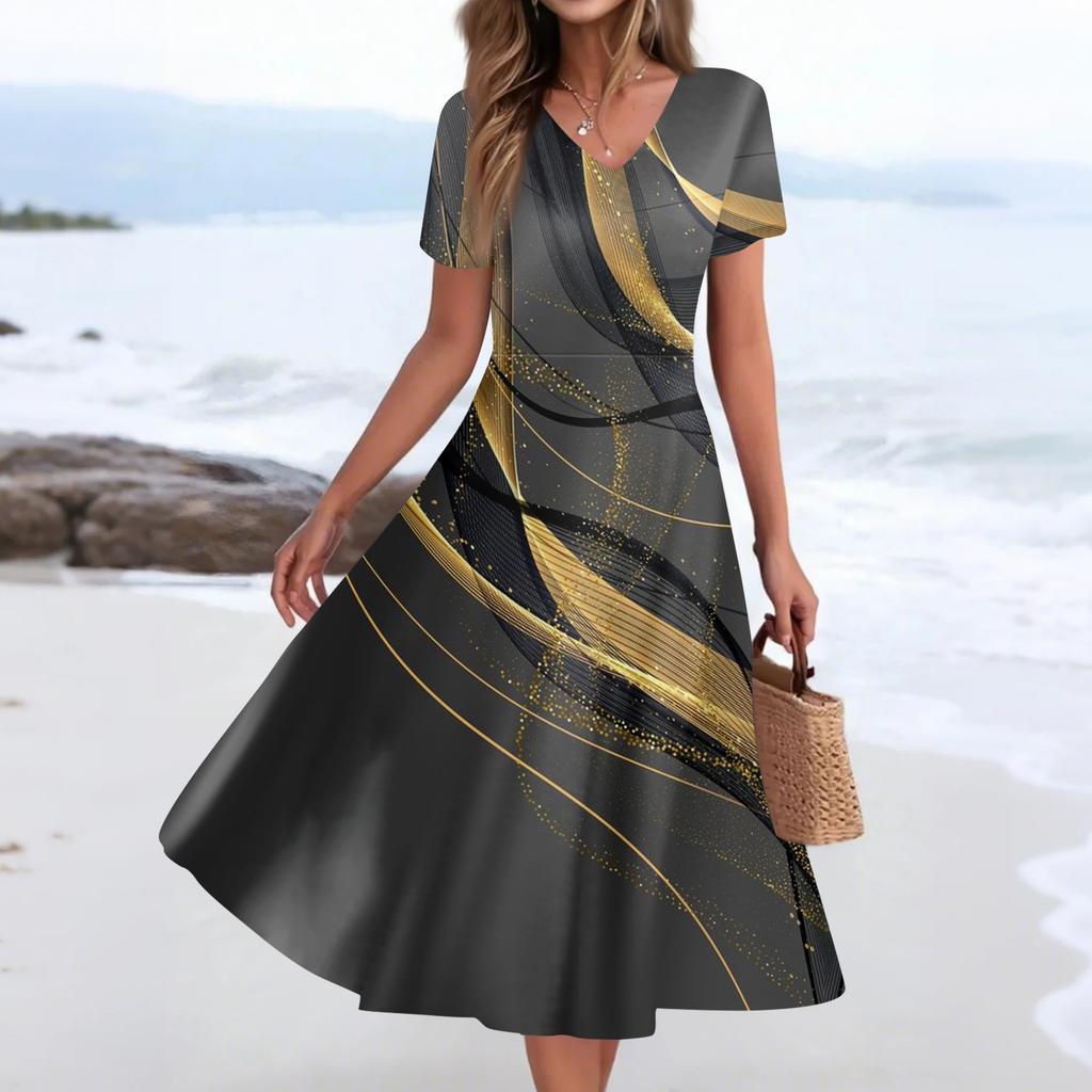 Women's Summer Casual Fashion Print Pocket Short Sleeve V-Neck Swing Dress