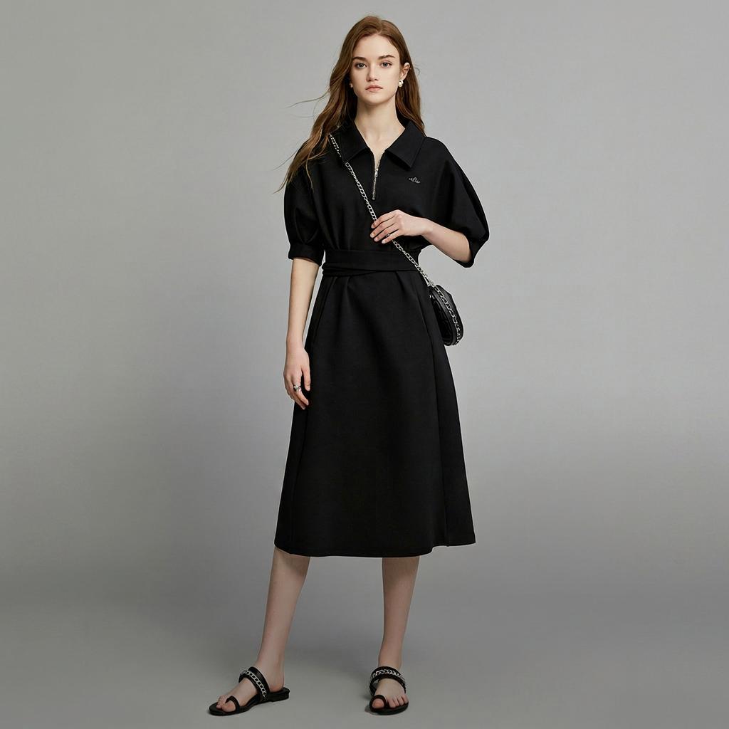 ELLE Polo Collar Design High Waist Midi Dress Slim Fit Elegant Short Sleeve Dress Women Dresses EL34321
