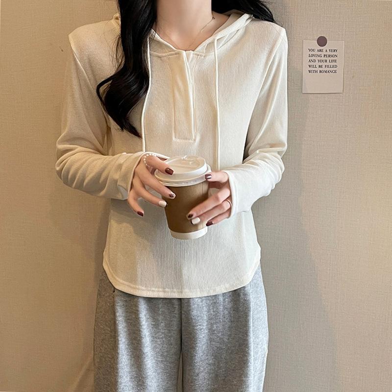 Tight T-shirt for Women Long-sleeved Fall and Winter New Hooded Shoulder Waist Slimming Base Shirt