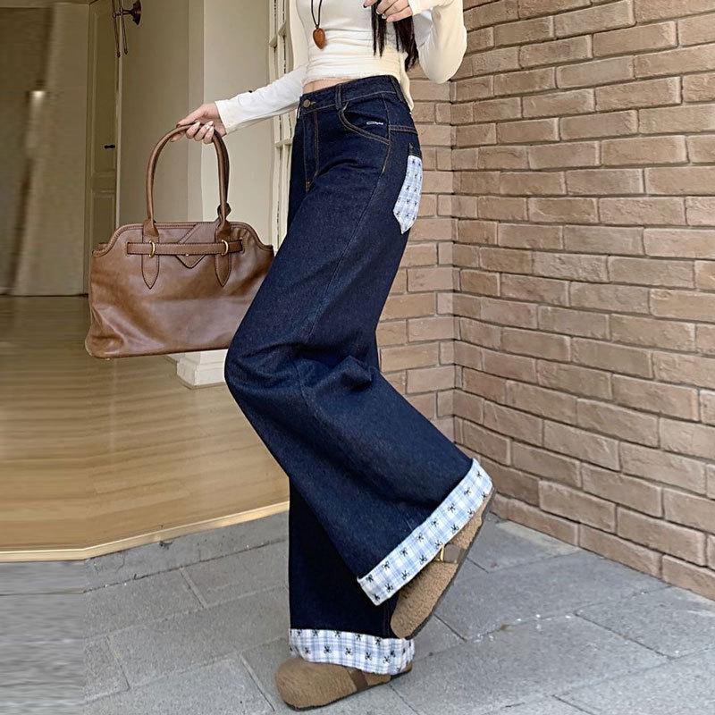 Damen Übergröße Hohe Taille Patchwork Schmetterling Bestickt Weites Bein Jeans