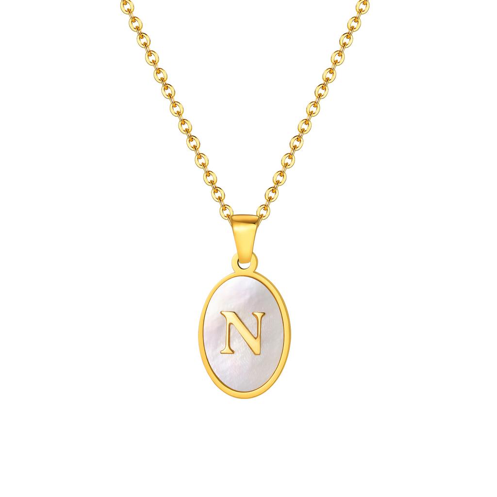Stainless Steel Oval White Shell Letter A-Z Initial Pendant for Women,Gold Plated 26 Letters Necklaces,Trendy Jewelry Gift