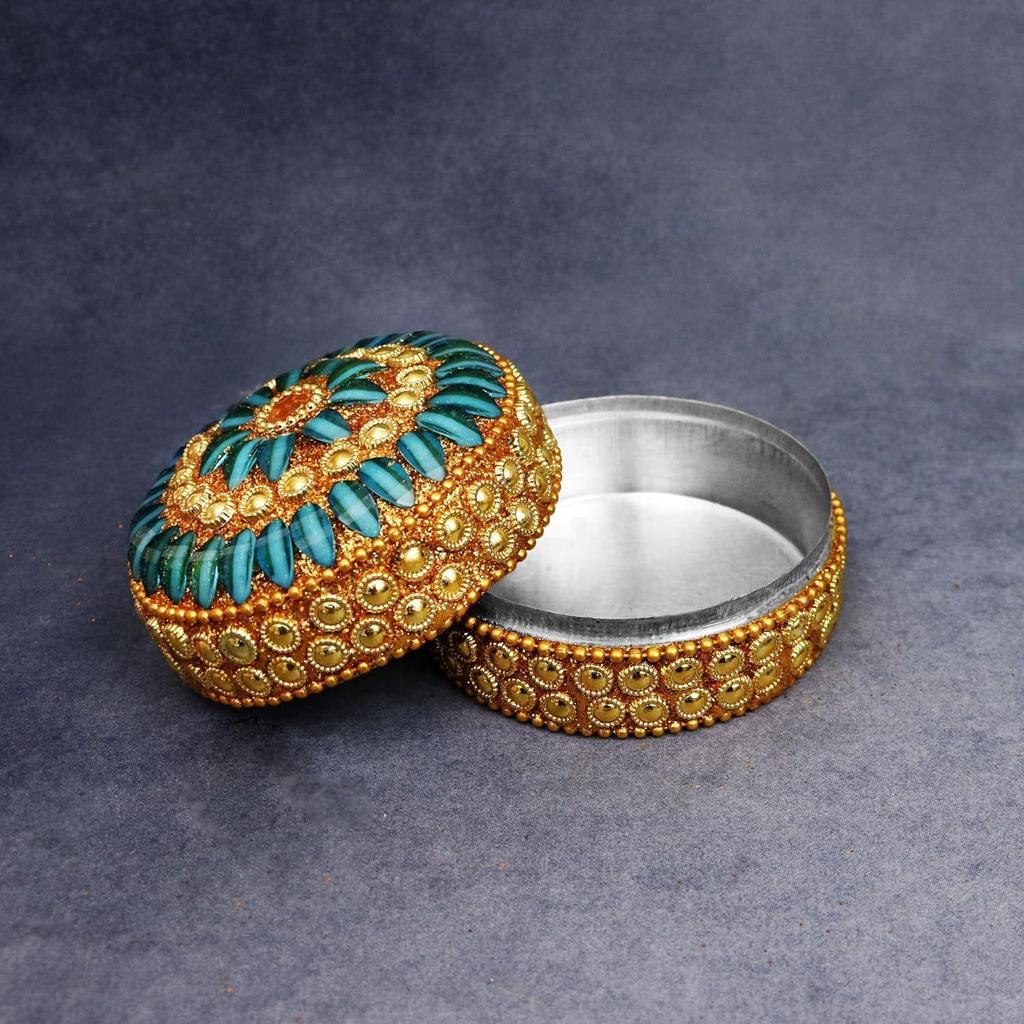 Putrika Traditional Haldi Multicolor Stone Kumkum Box|Puja Worship|Navratri Gift| Diwali Gift|