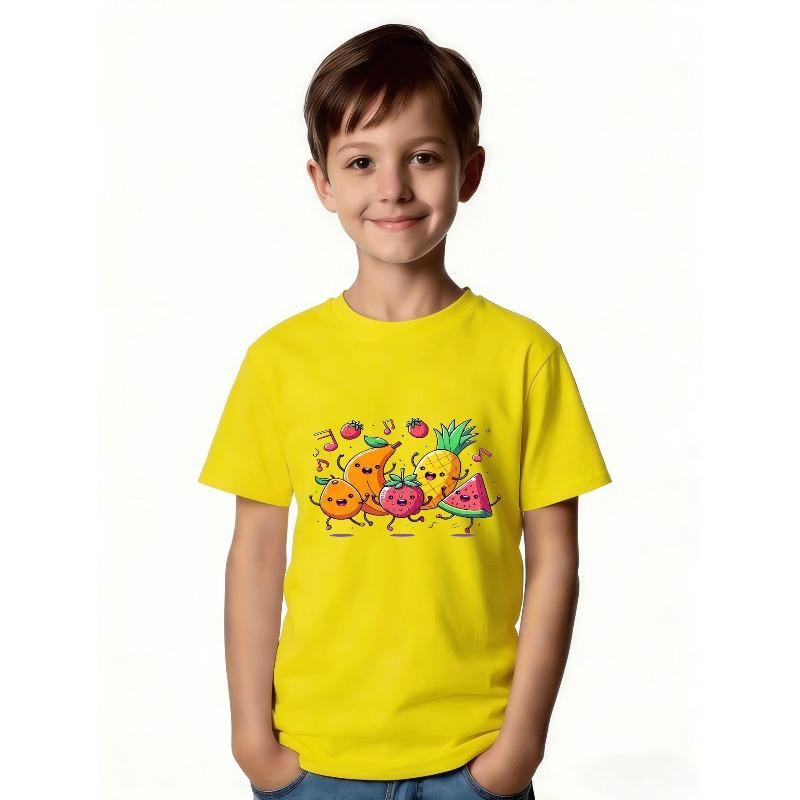 European Sizes Cute Cartoon Fruit Dance T-Shirt - Featuring a Smiling Orange for Girls, Tropical Mango for Boys