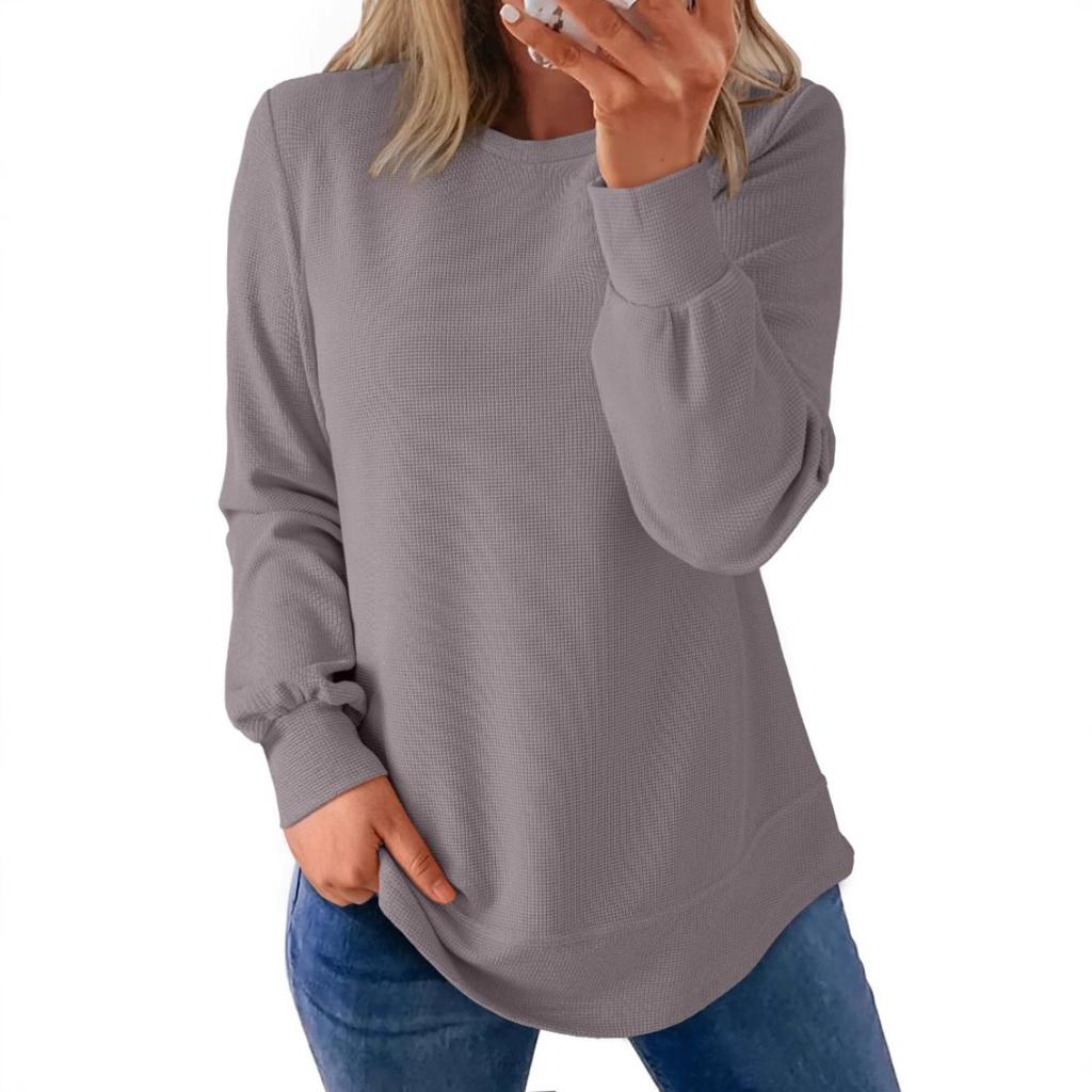 Autumn and Winter Waffle New Round Neck Curved Hem Loose Long Sleeved Top