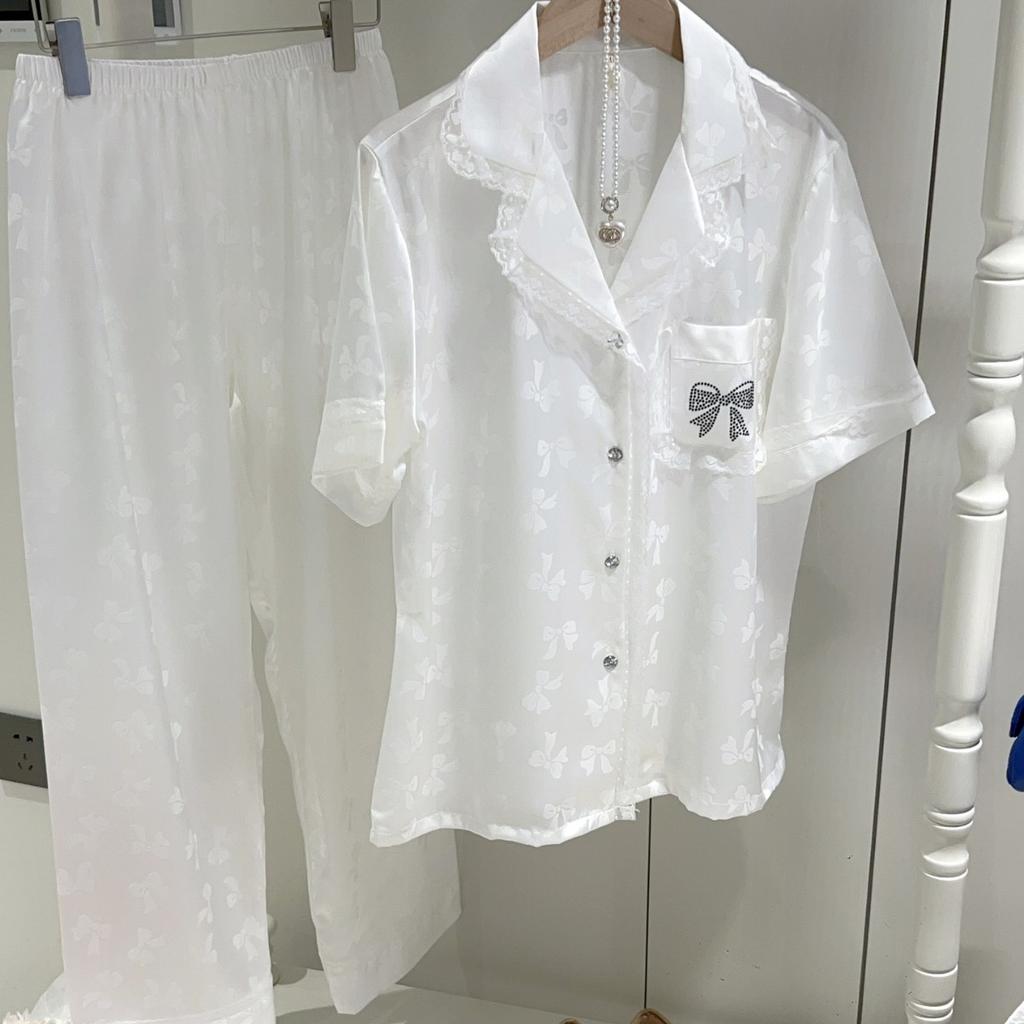 Summer ice silk thin pajamas women's pure lace short-sleeved lapel loungewear suit can be worn outside