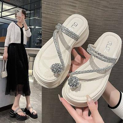 Fashion Versatile Height-increasing Muffin Fairy Style Sandals Female 2025 Summer New Wear Rhinestone Sleeves Toe Slippers