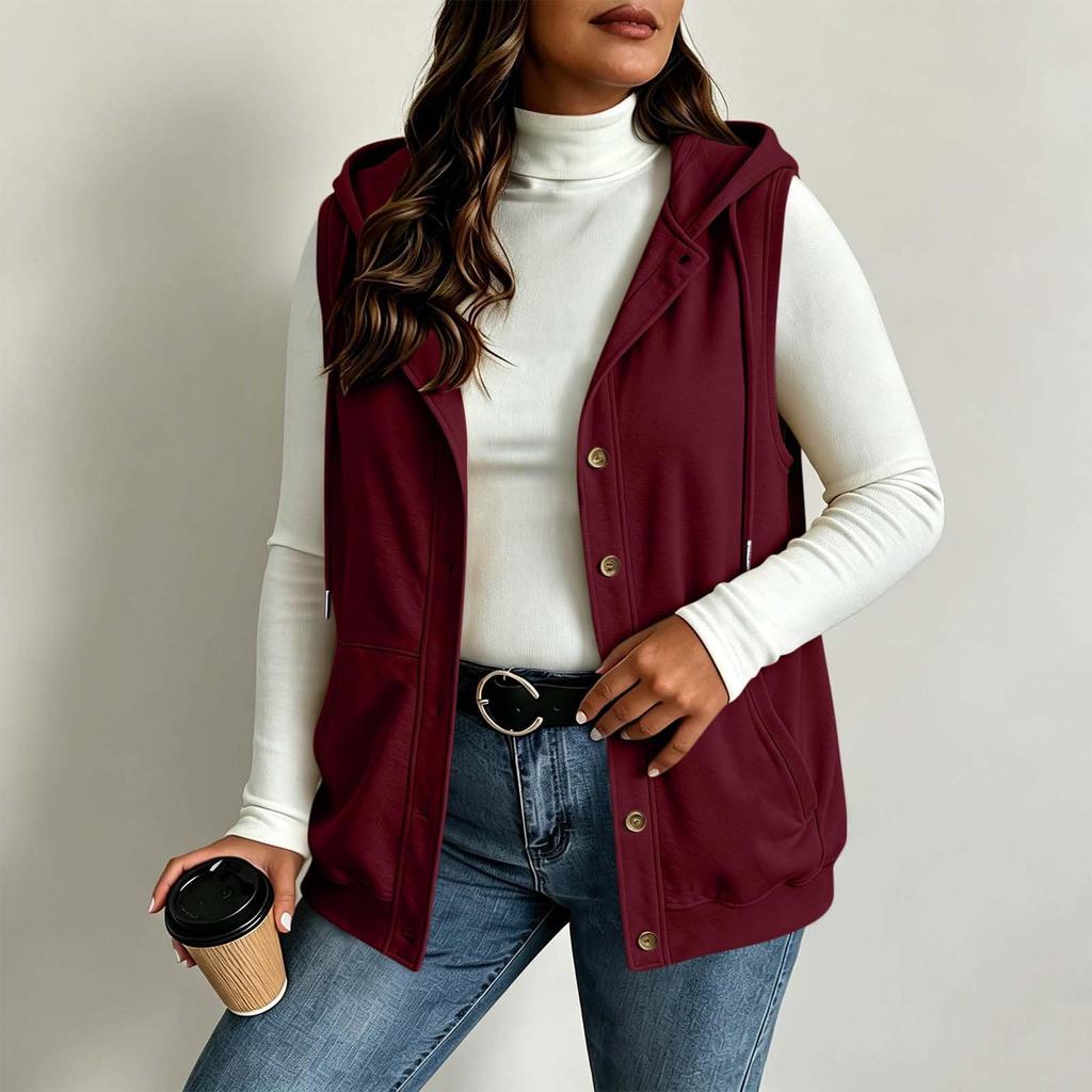 Gilet da donna alla moda con cappuccio, chiusura a bottoni, coulisse, senza maniche e con tasche