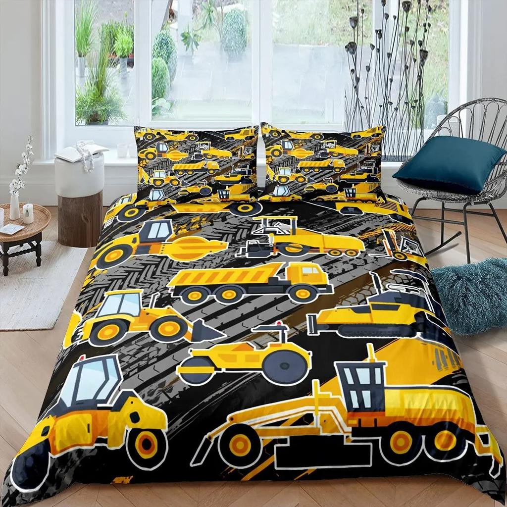 Excavator King Queen Duvet Cover Cartoon Construction Truck Bedding Set for Kids Boys Girls Tractor 2/3pcs Polyester Quilt Cover