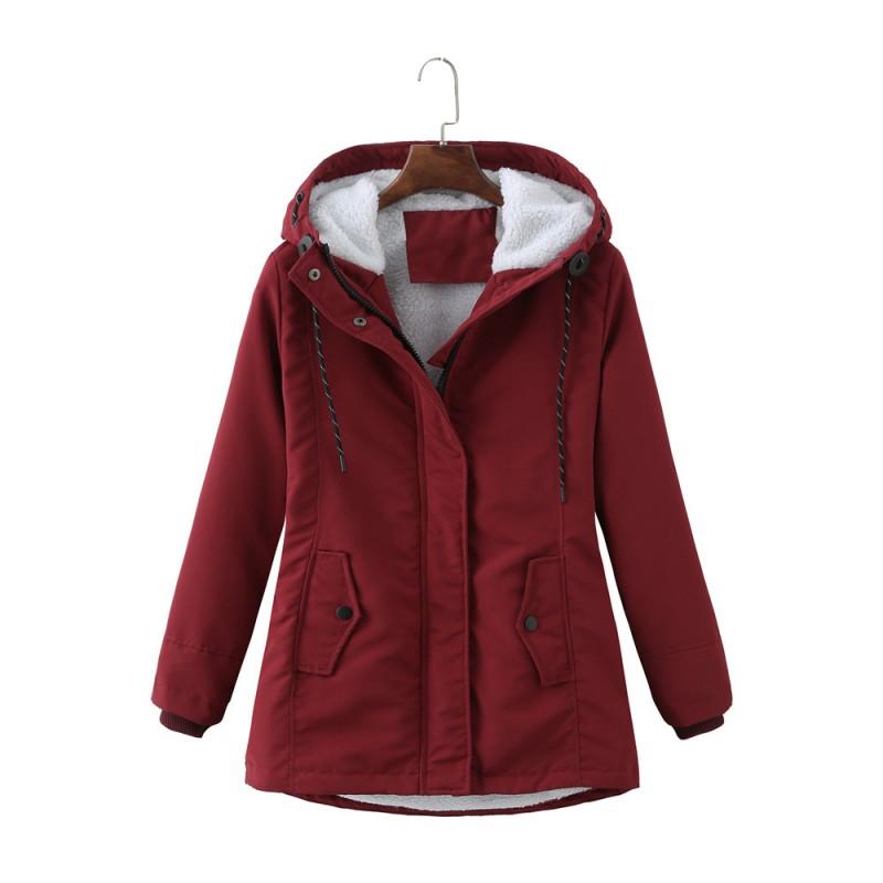Womens Hooded Fleece Parka Winter Warm Slim Fit Cotton Coat Solid Color Casual Commuter Jacket