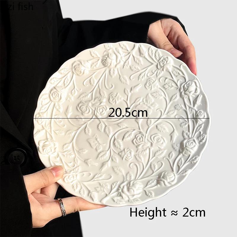 Relief Rose Ceramic Plate Dessert Dish Retro Vegetable Salad Plate Cake Plate Dim Sum Plates Afternoon Tea Ceramic Tableware