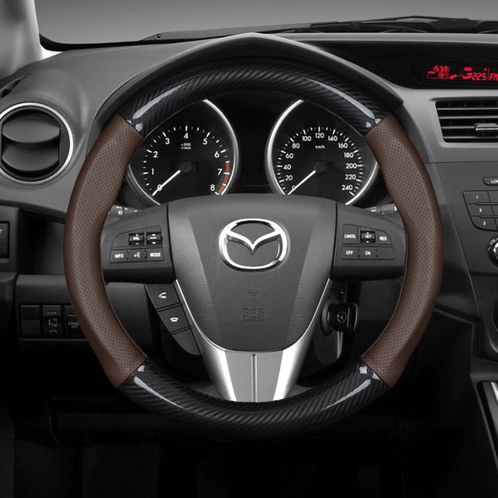 For Mazda 3 6 CX5 2 CX3 CX9 MX5 RX8 Axela Demio Atenza MS GJI GH Skyactiv Car Carbon Fiber Leather Non-Slip Steering Wheel Cover