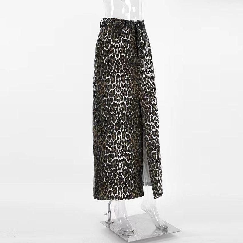 

Western Style Fashion New Leopard Print High Waist Straight Slit Skirt Leopard Print Slit Skirt Leopard print S