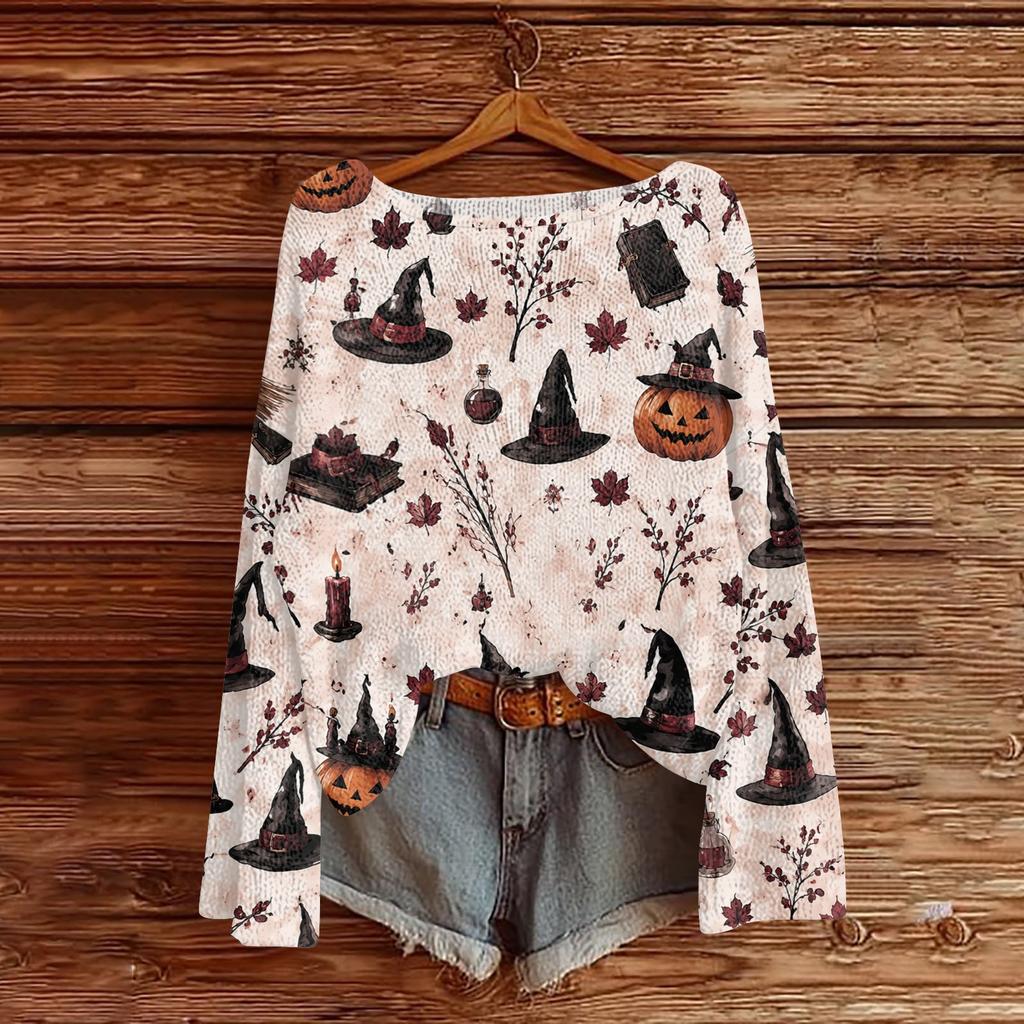 Women's Casual Long Sleeve Halloween Print Knit Pullover Top with Round Neck