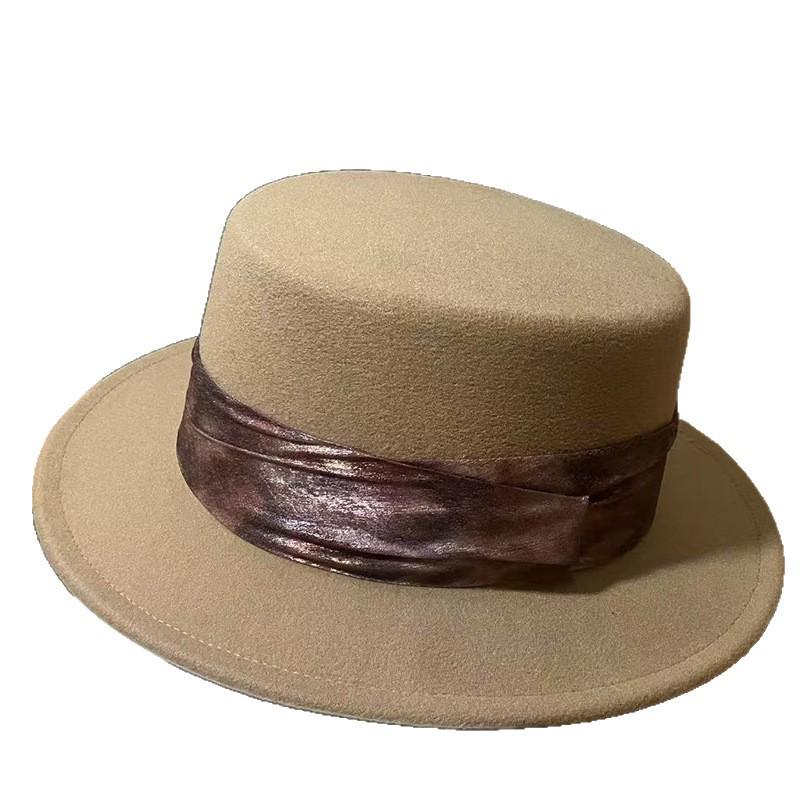 Winter new imitation wool flat top hat women's pleated elegant top hat versatile fashion felt top hat French retro hat