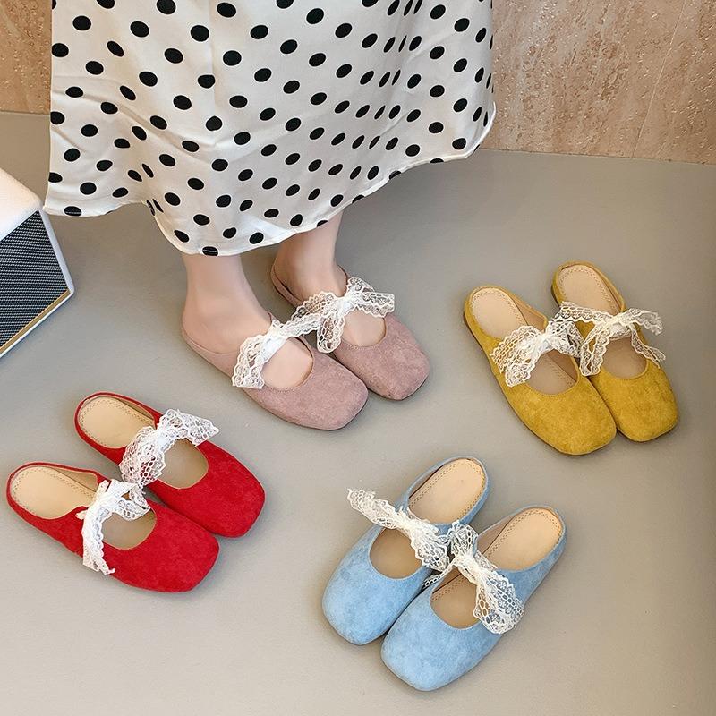Beautiful bag head half slippers women's outer wear spring and summer new flat bottom lace bow Mary Jane sandals