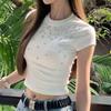 Women's White Ribbed Crop Top Short Sleeve Crew Neck Rhinestone Decor Slim-Fit Casual Daily Fashion Tee