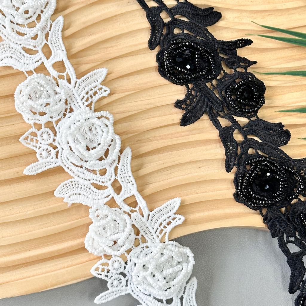 Black And White Handmade Beads Three-Dimensional Flower Embroidery Barcode Clothing Skirt Shirt Decoration Diy Jewelry Lace