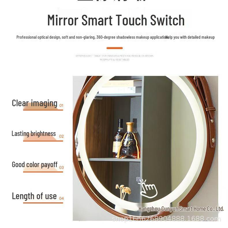 Round HD Wall-Mounted Vanity Mirror with Adjustable Leather Strap for Bathroom/Bedroom