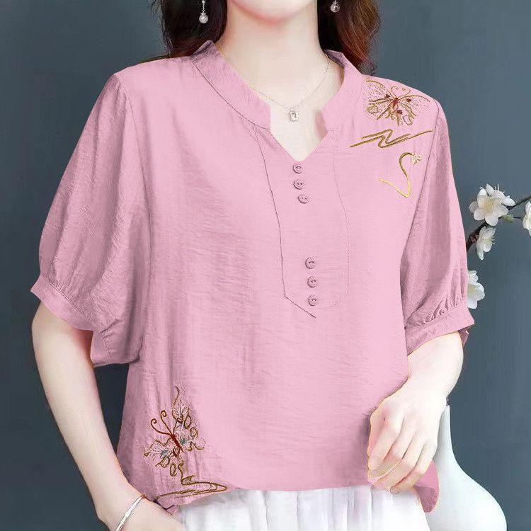 Dopamine Wear Literary Retro Summer New Top Cotton and Linen Short Sleeve Fashion Large Size Embroidery Versatile