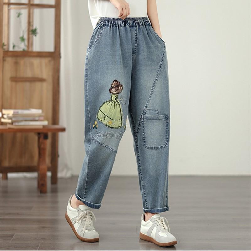 Plus Size Vintage Embroidery Character High Waist Casual Loose Women Spring Summer Autumn Jeans Denim Harem Pants