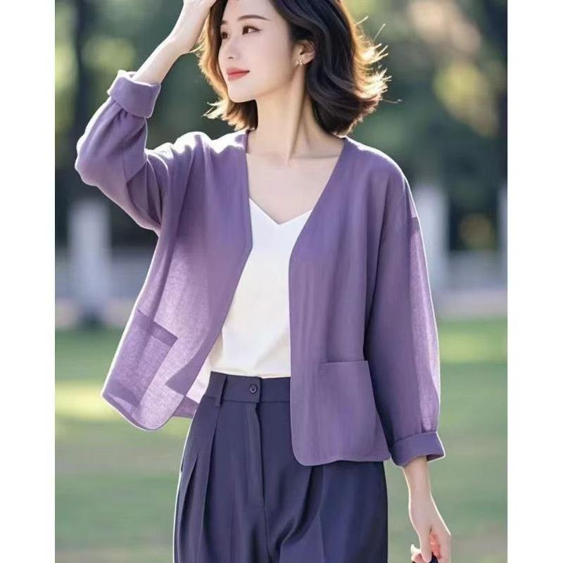 Leichter Baumwoll-Leinen-Einfarbiger Einzigartiger Sommer-Schal Sonnenschutz-Strickjacke Jacke Lockeres Oberteil mit Dreiviertelärmel