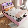 Letto imbottito per bambini 90x200, Letto singolo in velluto Letto multifunzionale con contenitore con LED e USB Rosa