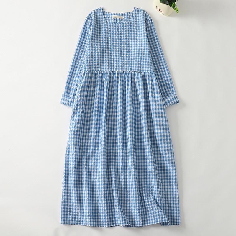 2025 Spring Retro Round Neck Long-sleeved Blue Plaid Dress Women's Loose and Thin Casual Cotton and Linen Long Dress