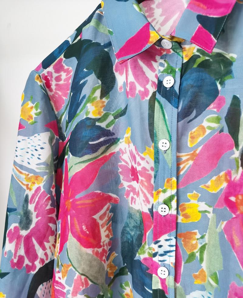 Clearance Women's French Art Print Silk-Cotton Button-Down Long Sleeve Shirt - Medium