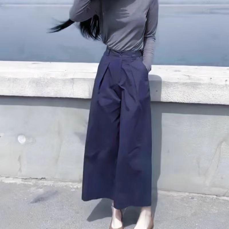 

Women s Retro High-Waist Wide-Leg Cotton Pants - Petite, Loose-Fit, Nine-Point Length for Spring/Summer M (90-100 jin) темно-синий