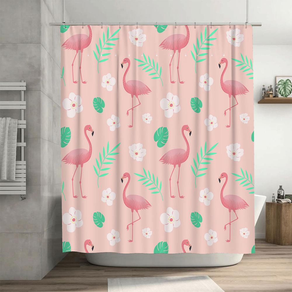Pink Floral Shower Curtain with Birds Home Decor Bathroom Decorations Easy Installation Waterproof Fabric