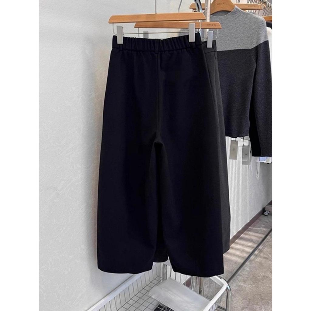 Plus Size Woolen Wide-Leg Cropped Trousers for Women - High Waist, Loose Fit, Ideal for Pear-Shaped Bodies, Spring/Autumn Wear.