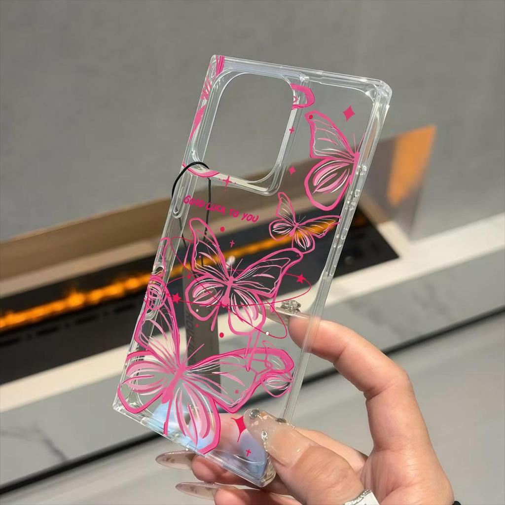 Square Back Tube Protection Clear Case For iPhone 13 15 Plus 11 12 14 Pro Max 16 ProMax Anti-Oxygen,Multiple Pink Butterflies Pattern Casing