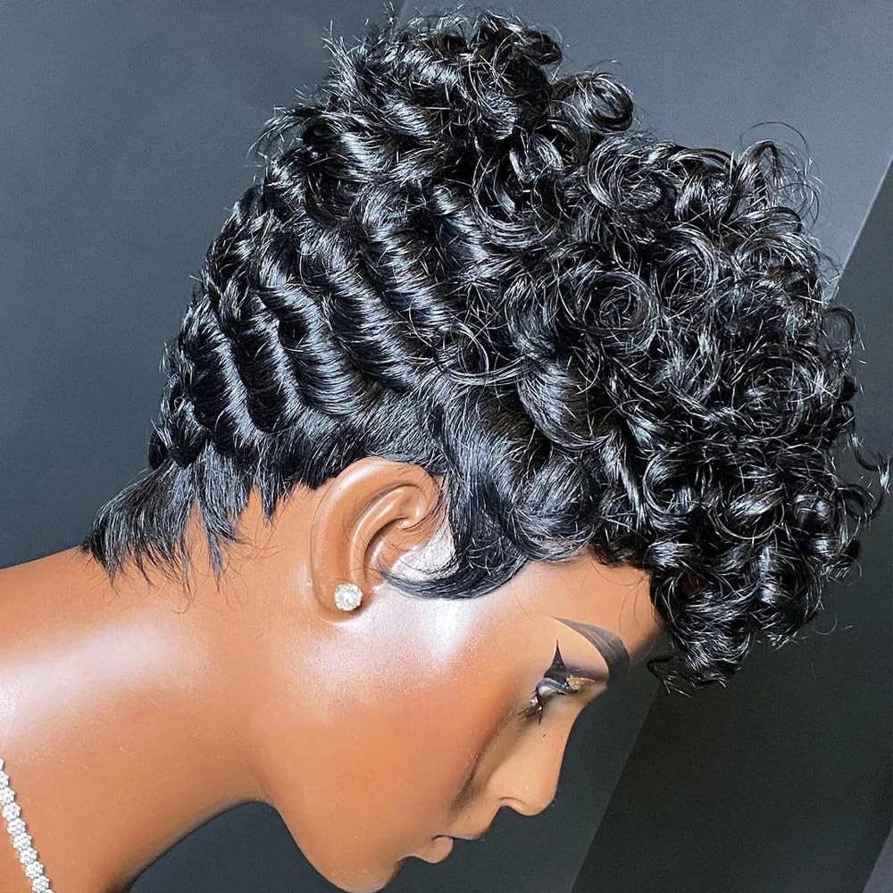 hort Pixie Wigs for Black Women Short Black Curly Pixie Wigs Synthetic Hair Wigs for Black Women Natural Wavy Black