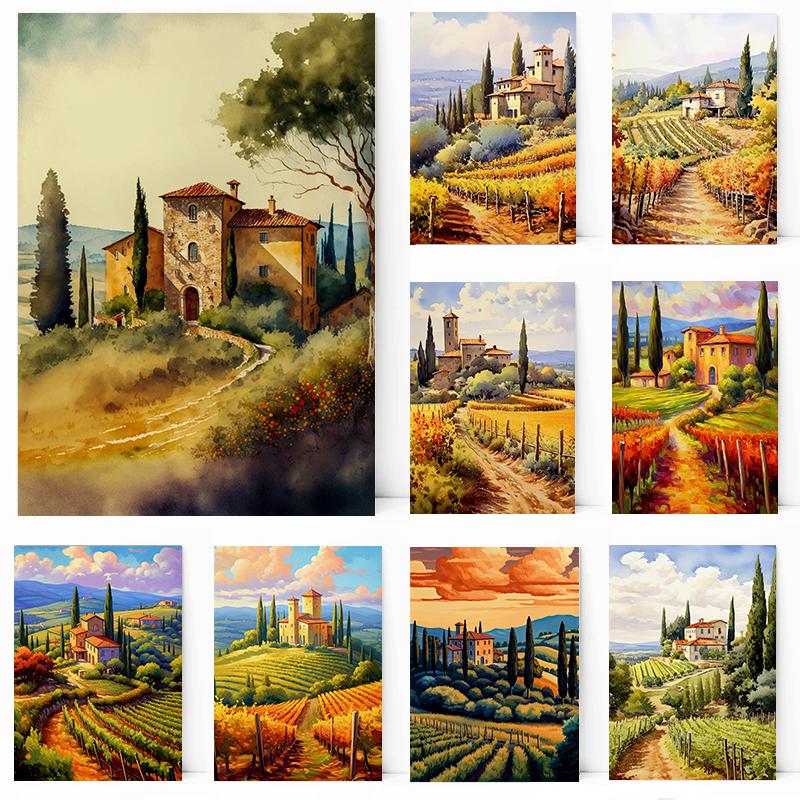 Amalfi Coast and Tuscany Vineyard Landscape Poster Italy Travel Wall Art Picture Canvas Painting for Living Room Home Decor