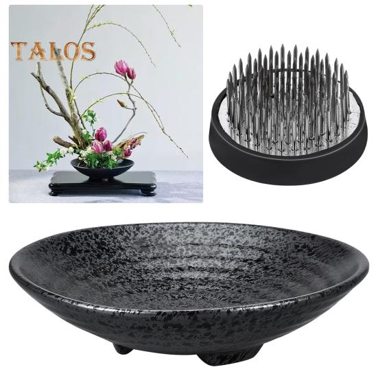 Flower Frog Japanese Ikebana Set Desktop Ceramic Bowl Vase with Kenzan Needle Flower Arrangement Holder for Living Room Bedroom Office