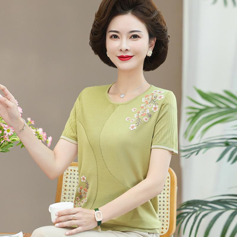High-End Ice Silk T-Shirt for Middle-Aged Women (50-60) - Short-Sleeved Summer Top for Moms and Grandmas