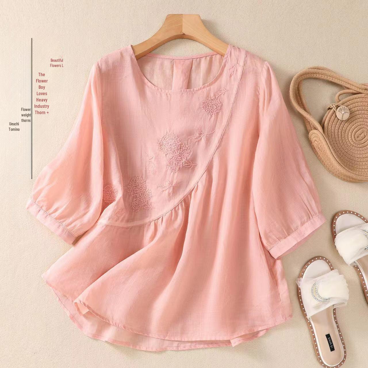 

Летняя ретро-вышитая футболка из хлопка и льна: Однотонный, свободный крой, круглый вырез 2XL