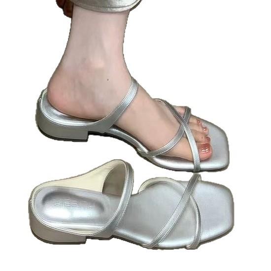 Soft leather version~ French gentle cross with open-toed sandals women's summer temperament square head fashion niche one-word slippers