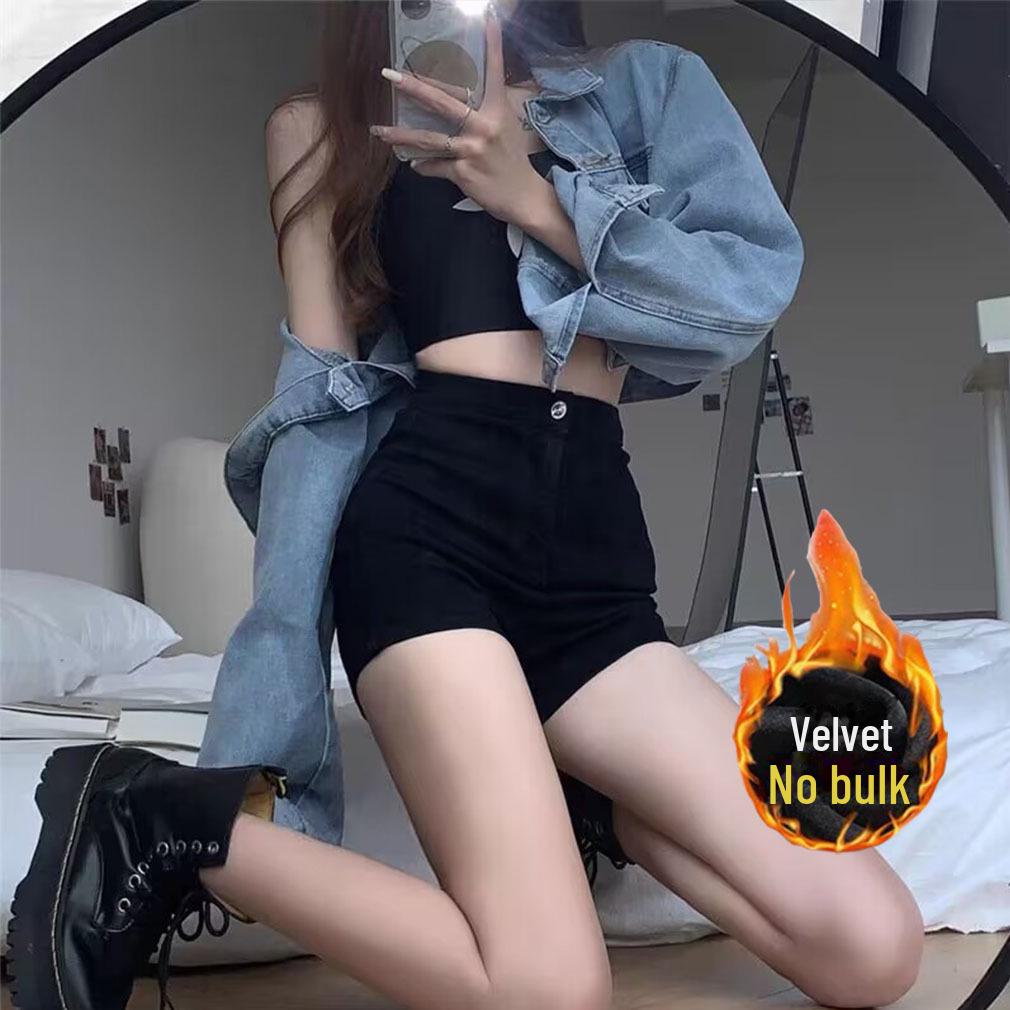 

2024 Модные черные джинсовые шорты с высокой талией для женщин - Узкие, эластичные, универсальные летние шорты А-силуэта M [90-100 cm]